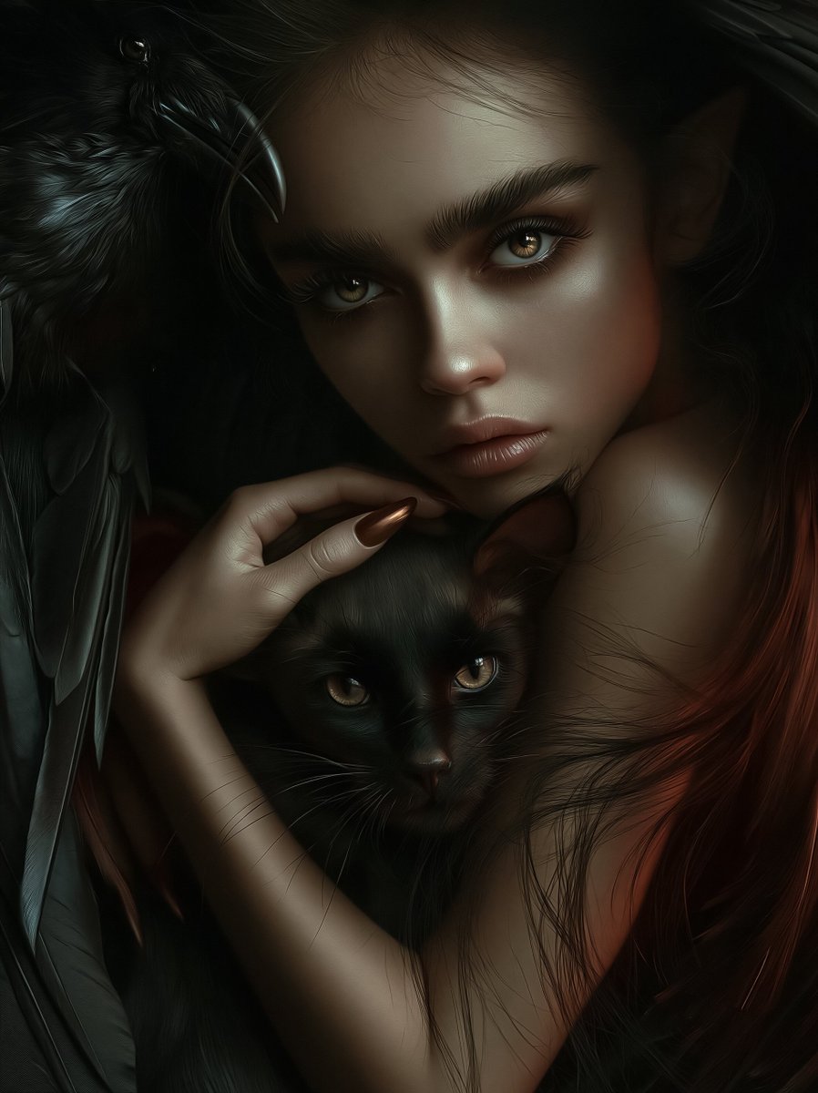 Niniellissime's tweet image. The dark-haired elf and her two familiars 🖤
The raven, bearer of forgotten omens 🐦‍⬛
and the cat, whose gaze pierces the veil of reality🐈‍⬛✨
What would your familiar be ?

#DarkFantasy #Elf #FantasyArt #AIArt #Gothic