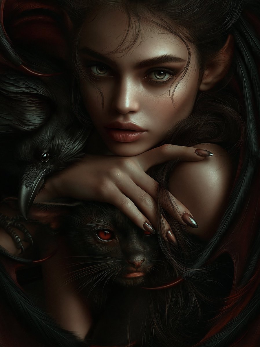Niniellissime's tweet image. The dark-haired elf and her two familiars 🖤
The raven, bearer of forgotten omens 🐦‍⬛
and the cat, whose gaze pierces the veil of reality🐈‍⬛✨
What would your familiar be ?

#DarkFantasy #Elf #FantasyArt #AIArt #Gothic