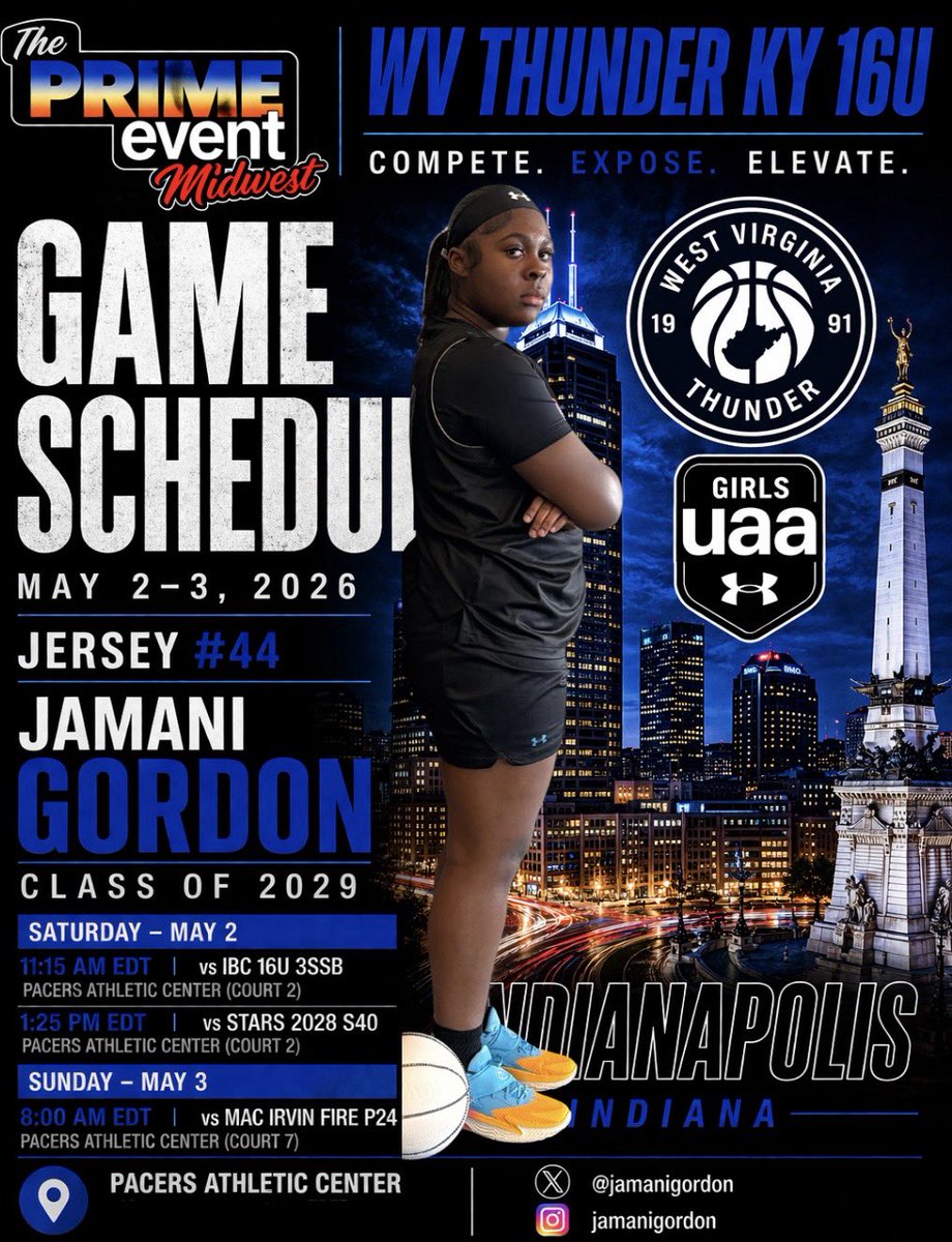 jamanigordon's tweet photo. Game schedule for this weekend! Pacer Athletic Center. Westfield, IN @WVThunderUAA 🏀🙏 https://t.co/CJZueTFDV4