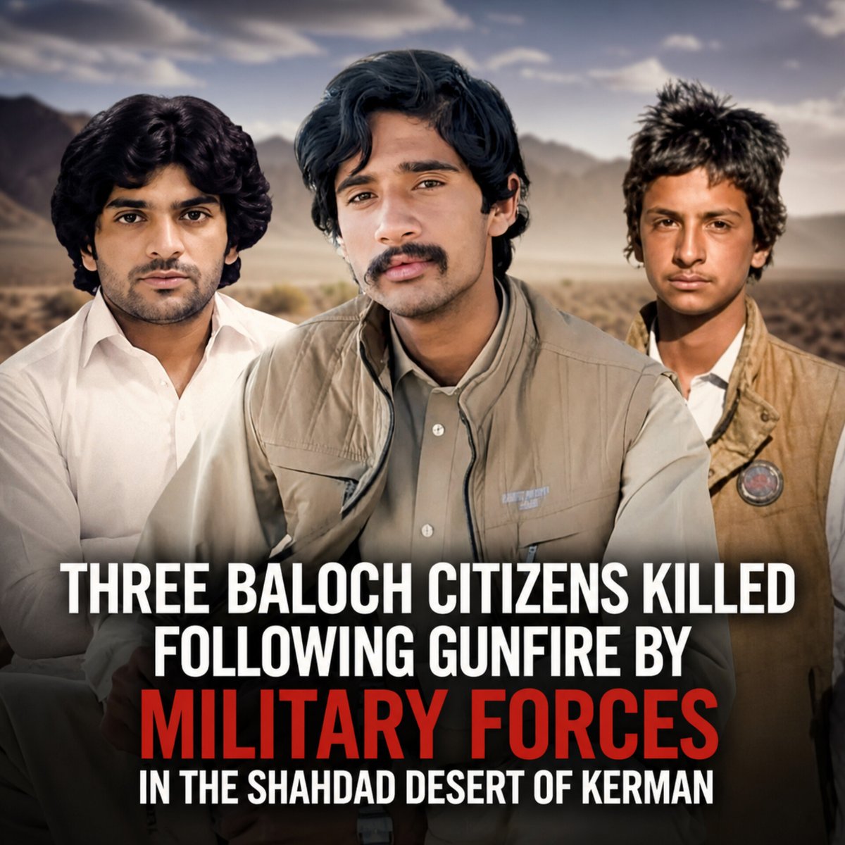 BHRG_1's tweet photo. On April 30, 2026, three #Baloch citizens traveling in a vehicle in the Shahdad plain area of #Kerman Province were killed after being pursued and shot at by #military #forces the victims were identified as Omid Alizahi, approximately 23; Naser Alizahi, 25; and Osman Alizahi, 15 https://t.co/U62D6wox0Z