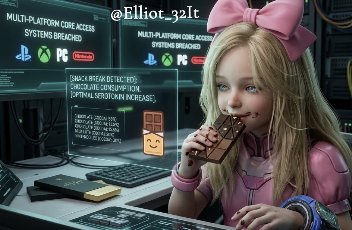 Elliot_32It's tweet image. 🎀 Diana.multitasking at its finest: Eating chocolate &amp;amp; breaching your systems 🍫#PRAGMATA #Diana #chocolate