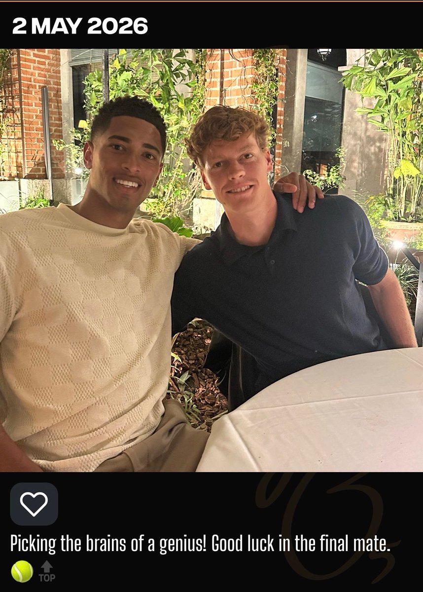 📲 Jude Bellingham on his app with Jannik Sinner:

“Picking the brains of a genius! Good luck in the final mate.”