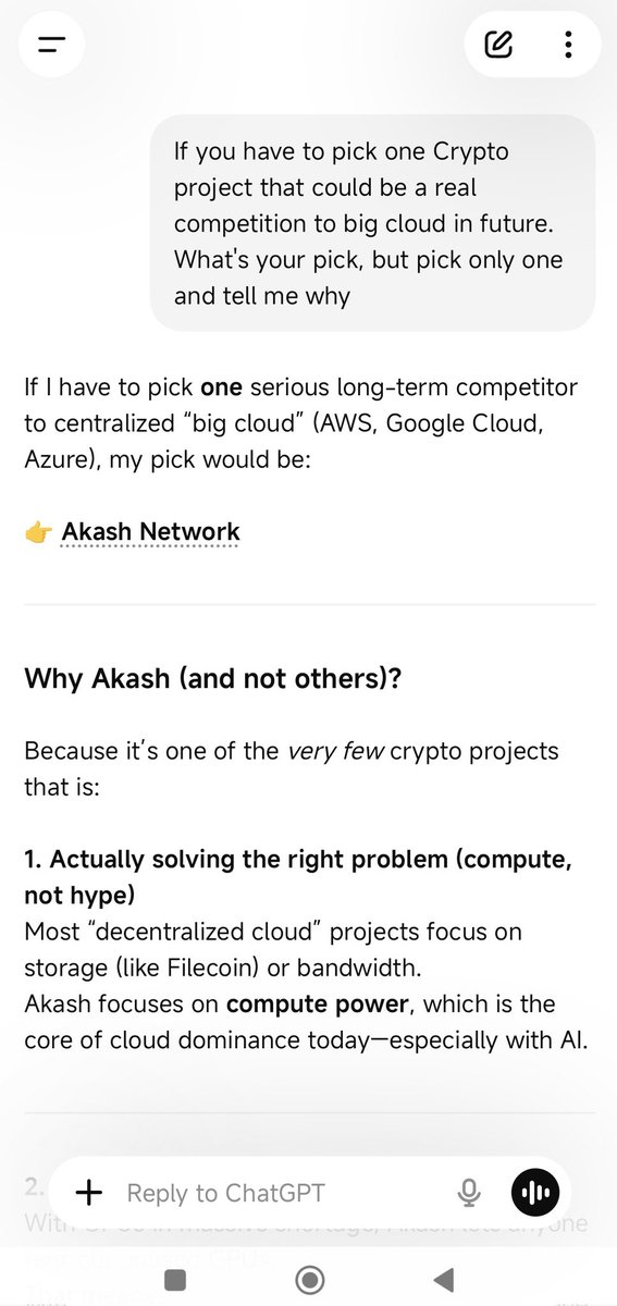 Petar26995863's tweet photo. I asked this prompt to ChatGPT, Gemini, Claude Sonnet 4.6, and Grok

"If you have to pick one Crypto project that could be a real competition to big cloud in future.
What's your pick, but pick only one and tell me why"

They all picked @akashnet and the reasons worth reeding https://t.co/edfGkchzJU