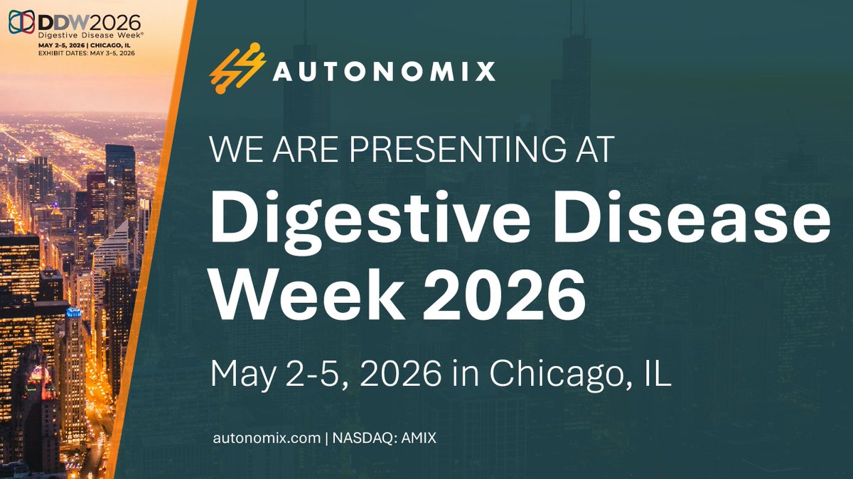 AutonomixMed's tweet photo. This week at #DDW2026 in Chicago, we're sharing long-term data highlighting outcomes from our transvascular RF ablation proof-of-concept study designed to disrupt nerve signaling pathways associated with pain.
 
📍 Chicago
 📅 May 2-5, 2026
 
$AMIX #DDW2026 https://t.co/19WxbcE0HO
