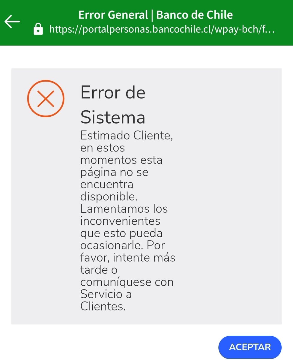 Llevo desde ayer con este problema para pagar online <a href="/bancodechile/">Banco de Chile</a> arreglen su wea