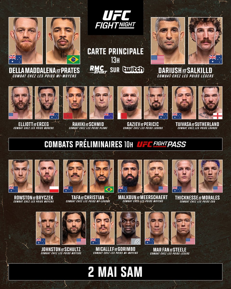 UFCFRA's tweet photo. 🥐 Les prélims avec le croissant et JDM vs Prates en dessert sur Twitch !

La carte de l'#UFCPerth demain matin nous gâte https://t.co/Af5BpiCk2t