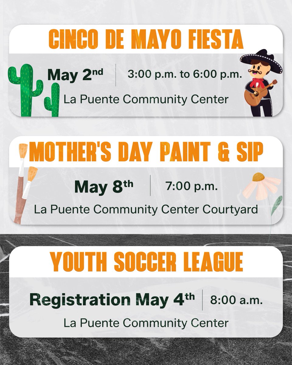 CityofLaPuente's tweet image. Many activities and events are coming our way, and they are the perfect moments to enjoy with our family and friends.

✨Don't miss out on weekly updates on our social media page.
📌 Be aware that events and details may change.

#LaPuente #LifeInLaPuente #News #Community