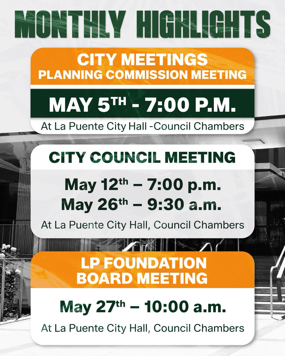 CityofLaPuente's tweet image. Many activities and events are coming our way, and they are the perfect moments to enjoy with our family and friends.

✨Don't miss out on weekly updates on our social media page.
📌 Be aware that events and details may change.

#LaPuente #LifeInLaPuente #News #Community