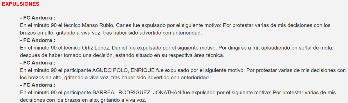 🚨 Piqué acorraló al árbitro en el túnel gritándole en la cara: "¡Ahora, si queréis, ponedlo en el acta!"

3 sanciones, 30.000€ en multas y Gerard Piqué sigue igual

El FC Andorra recibe 4 expulsiones seguidas en el partido contra el Albacete