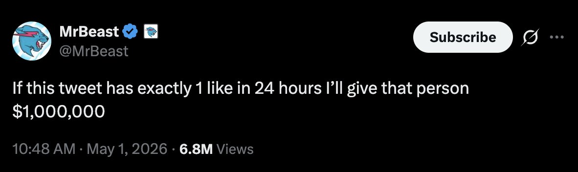 TylerL40's tweet photo. Okay. So you said if that tweet has exactly 1 like in 24 hrs you'd give the person who acquired that single like a total of $1,000,000.

Challenge accepted. Here's the tweet below. Let's check back tomorrow at 12:25 CST.

@MrBeast https://t.co/HsFEaMzIOD