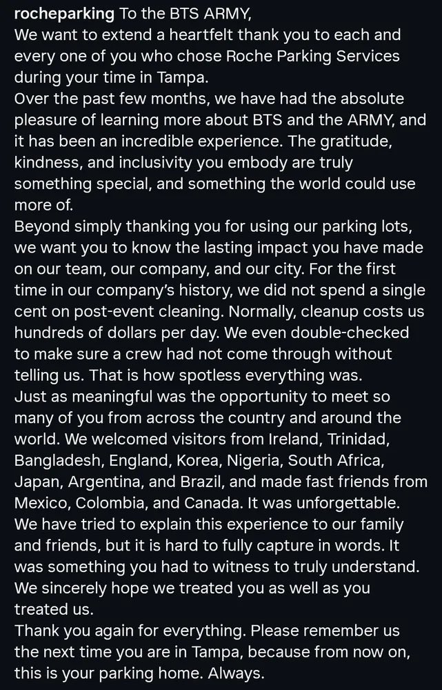 DbyD_NL's tweet image. Roche Parking #Tampa describes the #BTS ARMY as a respectful global community defined by kindness and inclusivity. They left the grounds spotless, resulting in zero cleanup costs for the first time in the firm’s history. Staff called them exemplary guests the world needs more of.