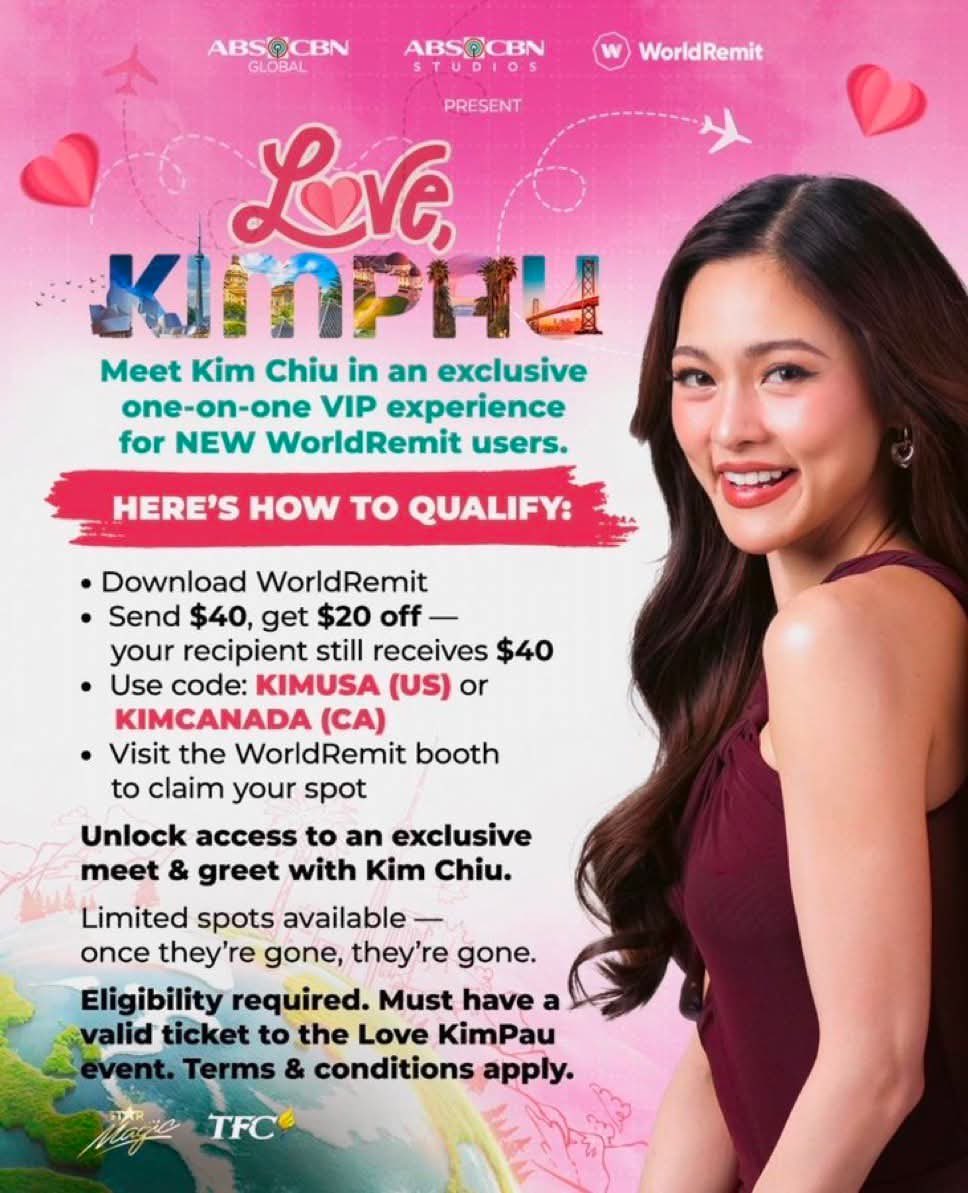 KimPauTOS's tweet image. KIMPAUs going to #LoveKimPau in Edmonton &amp;amp; Toronto, don’t forget to download &amp;amp; register as a new user for @WorldRemit for an exclusive one-on-one Meet &amp;amp; Greet with @prinsesachinita 🩷

Don’t forget the discount code!!
#LoveKimPauWorldTour 

#KimPau | #KimChiu | #PauloAvelino