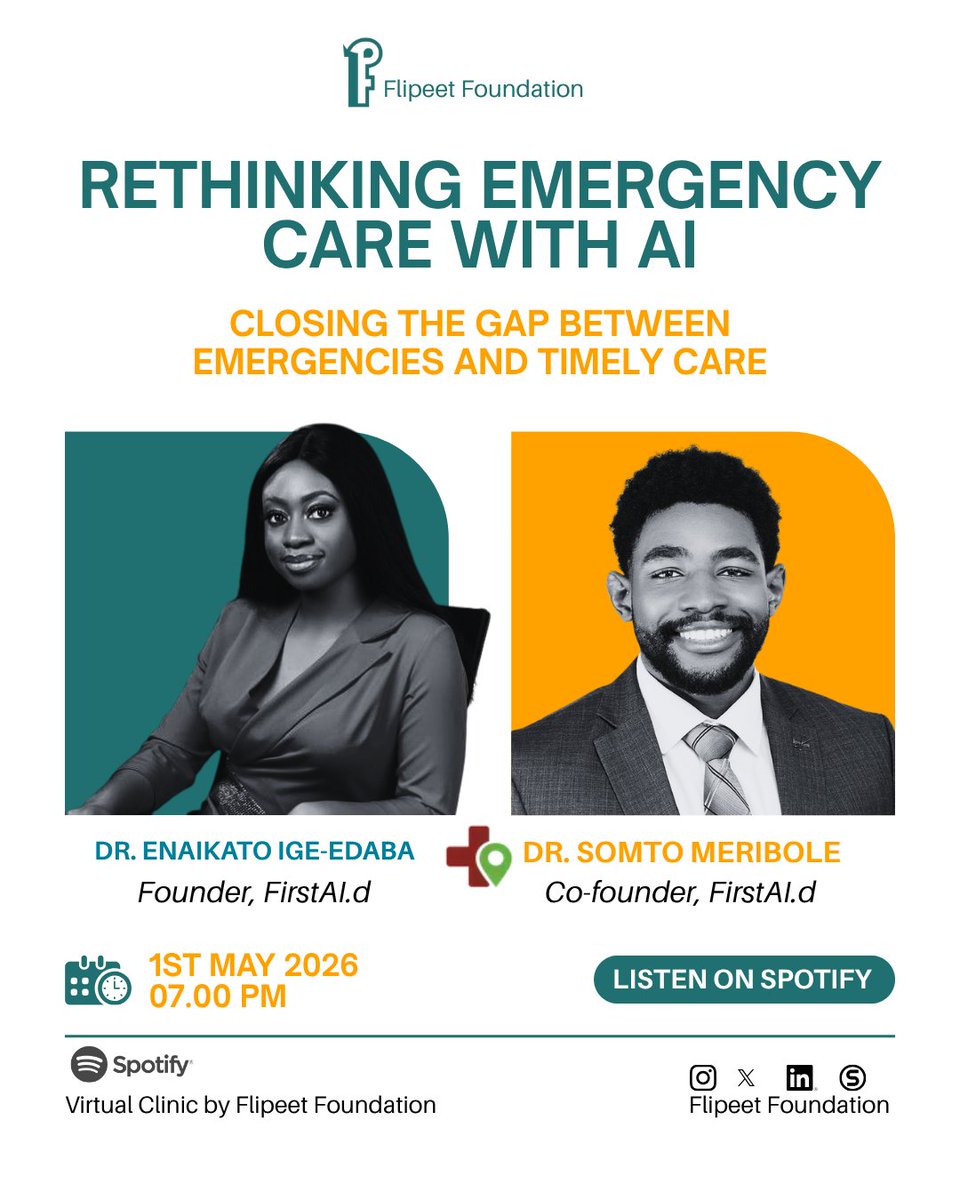 FlipeetFDN's tweet photo. Help doesn’t always fail because it doesn’t exist.
It fails because it doesn’t arrive in time.

Tonight, we explore what happens in those critical first minutes.

Two Nigerian doctors are rethinking emergency response in Africa using AI.

New episode drops at 7:00 PM WAT. https://t.co/OI49N8O52Q
