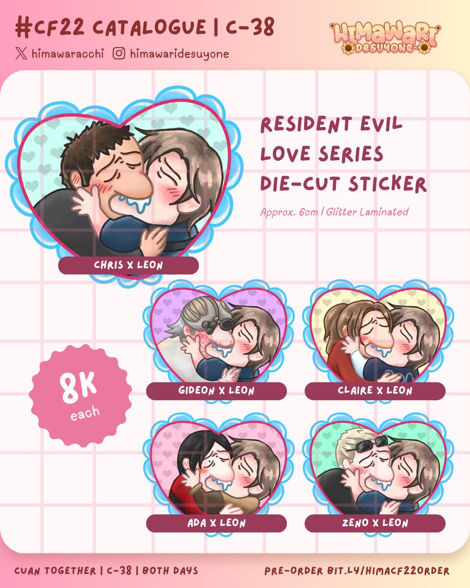 💟 &amp;🔁 are much appreciated♡!
CF22 Pre Order is open!

🗓️Period: 1-10 May 2026 
📦Mail &amp; pick-up (both days) 
🌻Resident Evil, Heartopia, Original, TBA

🔗bit.ly/HimaCF22Order

Click tweet to see more goods!

#comifuro22 #cf22catalog #cf22catalogue #cf22