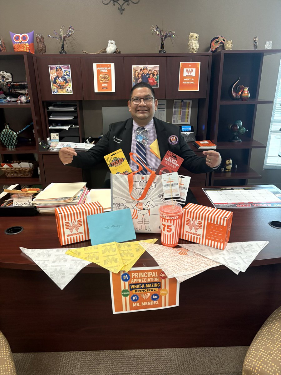 MROMERO_MRES's tweet photo. Happy Principals Day to our Owlsome leader!! Mr. Mendez! 
What-A-Principal!!#WebeforeMeatMRE #teamsisd #principalsday #whataburger https://t.co/hAxYjcIcNe