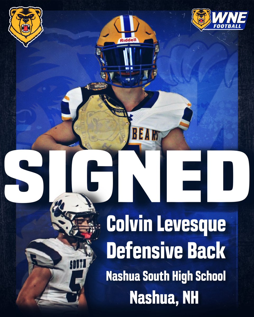 WNEFB's tweet image. Golden Bear Football Family, Welcome Colvin Levesque !

🏫Nashua High School South (Nashua, NH)
🏈DB
📏5’10
⚖️170
🏅All-State, All-Conference

#AlwaysOn #RollBears #OneBetter
