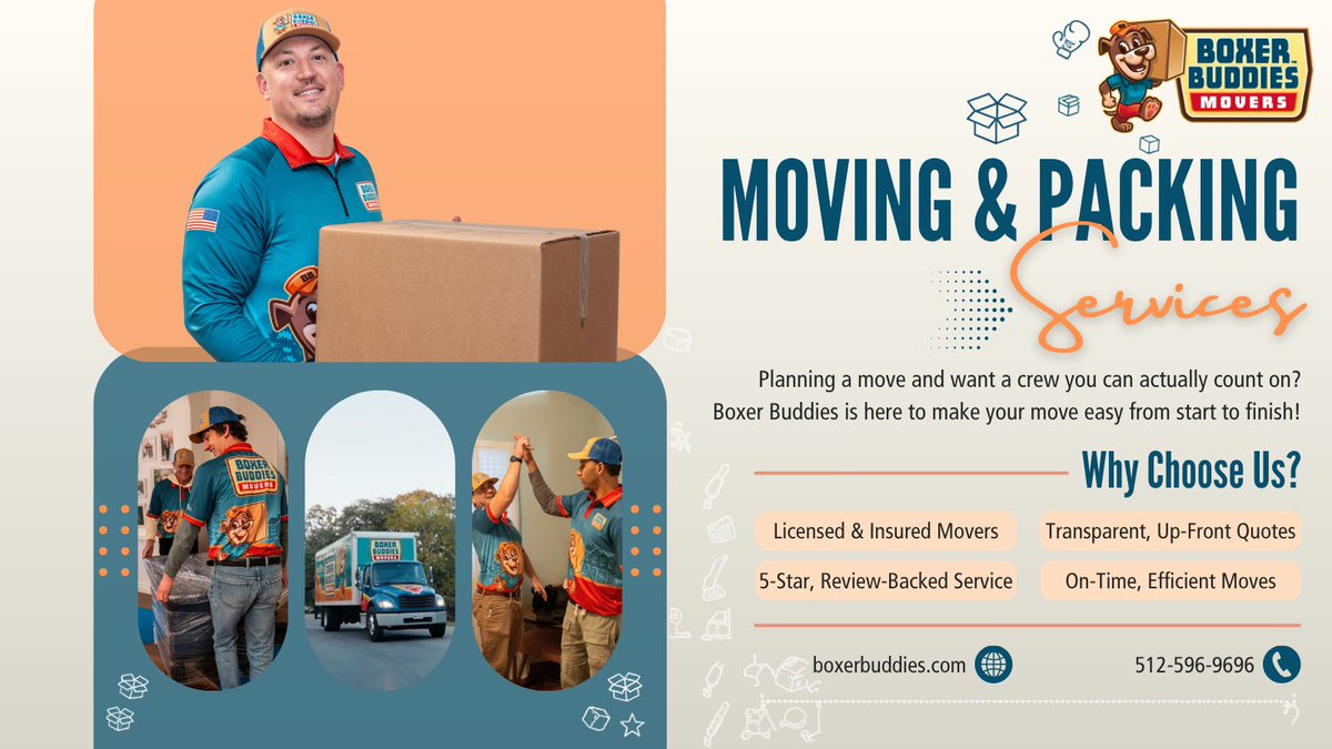 boxerbuddiesatx's tweet photo. Planning a move in Austin? 🐶📦

Boxer Buddies brings licensed, insured movers, honest pricing, and 5‑star service to make moving day actually feel manageable. 

Get your free quote at https://t.co/UPMGHjcjfr

#Austin #AustinTX #MovingCompany #Movers #PackingServices #LocalMove https://t.co/z9cfXKEQqd