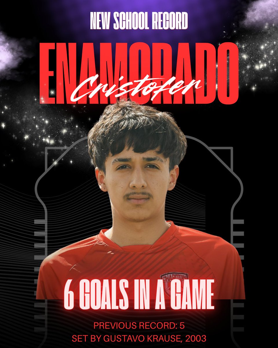 COfRed2's tweet photo. SCHOOL RECORD ALERT!!

Sr. Cristofer Enamorado etched his name into history on Tuesday night by scoring 6 of Chariton's 10 goals against the Centerville Big Reds! 

Congratulations, Cristofer! https://t.co/0bMBqEsovC