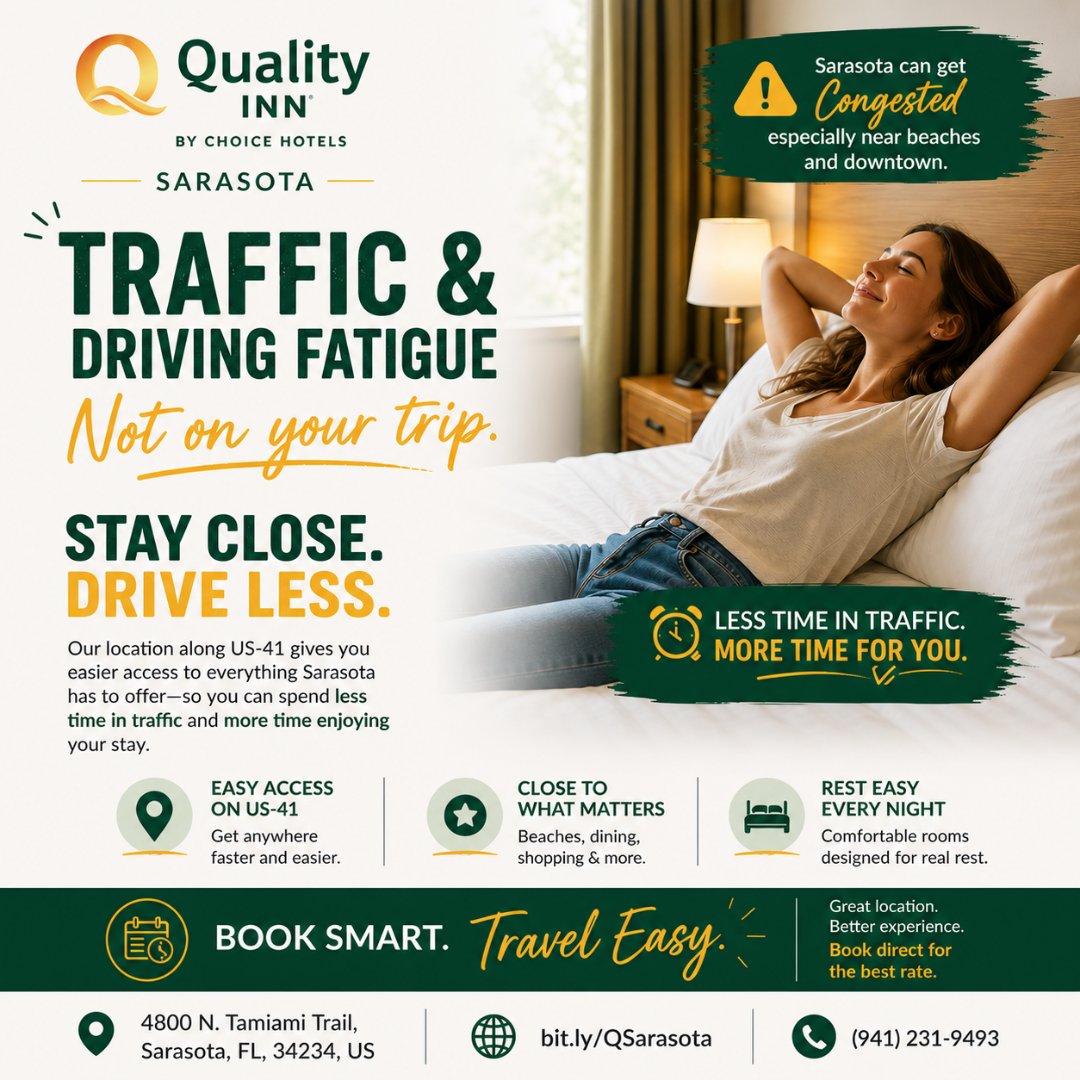 QualitySarasota's tweet image. Traffic in Sarasota? Not on your trip 🚗
Stay along US-41 for easier access, less driving, and more time to actually enjoy your stay.

📍 Quality Inn Sarasota
4800 N. Tamiami Trail, Sarasota, FL, 34234, US

#SarasotaTravel #FloridaStay #TravelSmart #HotelDeals #QualityInn