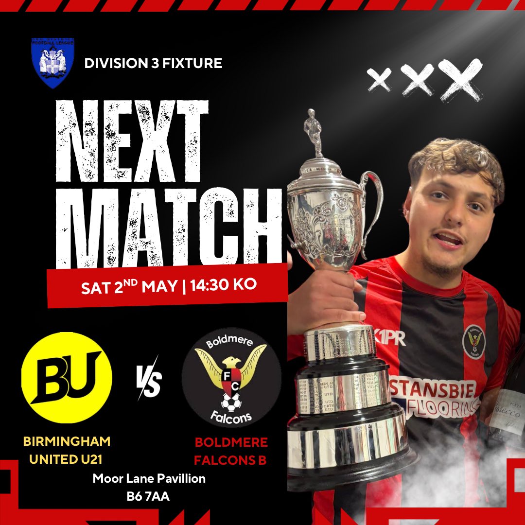 FalconsBoldmere's tweet photo. 🔴⚫️ 𝐍𝐞𝐱𝐭 𝐌𝐚𝐭𝐜𝐡 | ⬇️

It all comes down to this… 3 points = promotion ✅

Last game of the season as we face @BHAMUTD U21s over at Moor Lane. 

It’s been a superb 2nd season as we aim to achieve back to back promotions.  

Get down to support! 

#UTB ❤️🖤 https://t.co/KnvpCU0MP1
