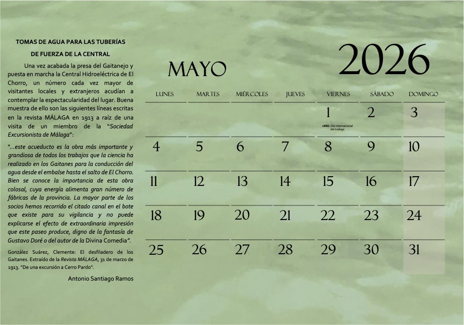 Apidma's tweet photo. 👷‍♂️👷‍♀️🛠️¡Feliz Día Internacional de los Trabajadores!
📆Arrancamos este mes, como es habitual, con las páginas de nuestro almanaque, dedicado a las tomas de agua para las tuberías de fuerza de la Central Hidroeléctrica de El Chorro. https://t.co/ePGpv6X5gw