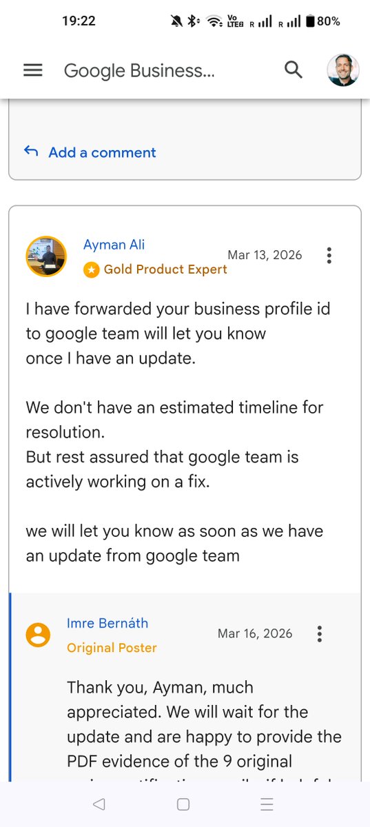 INSTRKTIV's tweet photo. @GoogleMyBiz The answer via DM is not correct. I haven't received a response since March 13th is was escalated to a gold product expert. https://t.co/1GOdmwdXX7