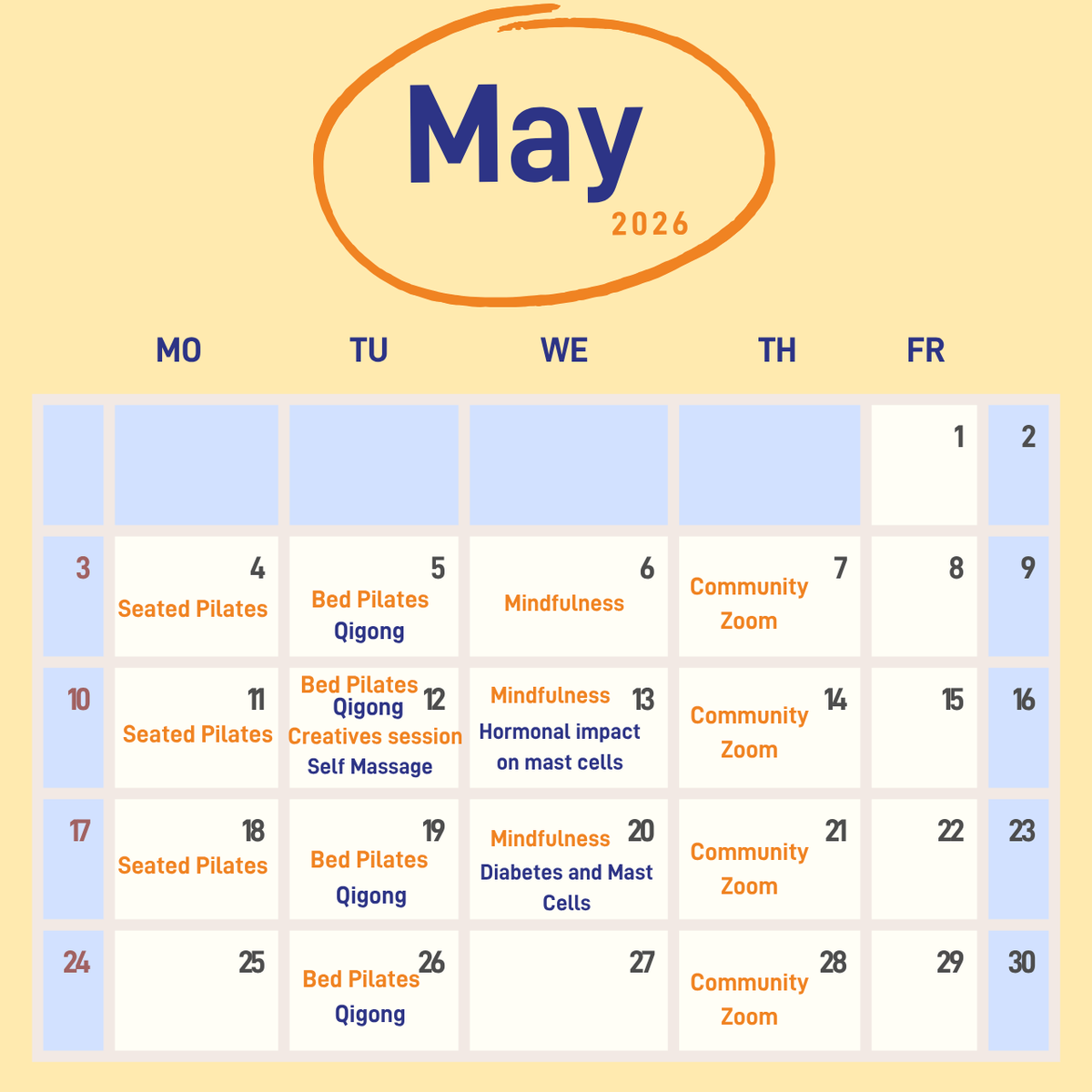 MastCellAction's tweet photo. Check out our online events scheduled in May. We have MCAS friendly movement classes, sessions to boost wellbeing, information sessions and community events.

Find out more and book your place here https://t.co/NxeLHZgi49 https://t.co/1s0AYXG8Mb
