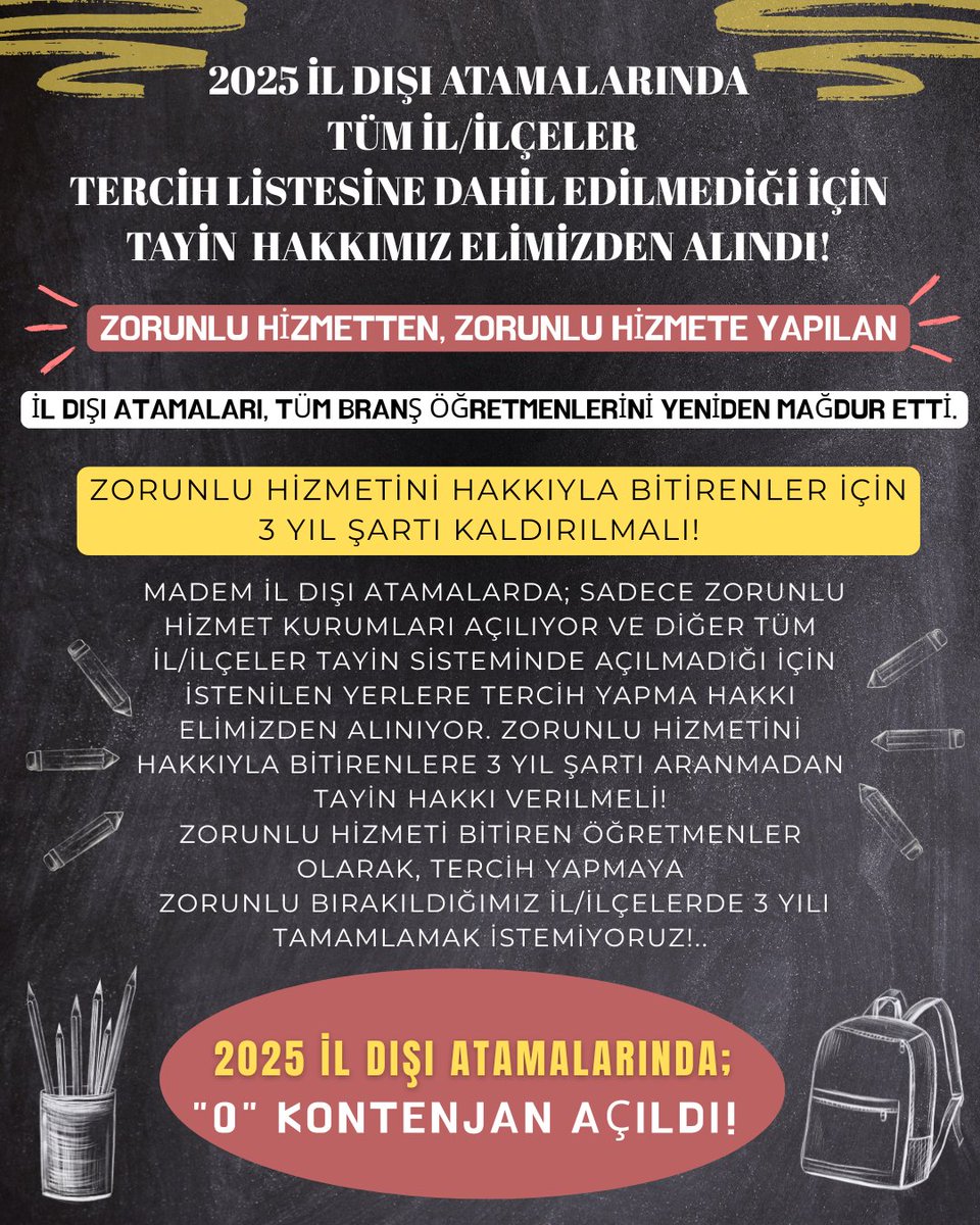 <a href="/aesercis/">Erciş Anadolu Eğitim Sendikası</a> <a href="/timuryilmaz76/">Timur YILMAZ</a> <a href="/ildisiplatformu/">İl Dışı Platformu (MEB)</a> İl dışı isteyenler geçen yıl mağdur edildi. Zh bitti puanlar birikti ama tercih edeceğimiz il/ilçeler sisteme dahil bile edilmedi.
📍Zorunlu hiz. hakkıyla bitirenler için 3 yıl şartı kalkmalı(kontenjan açılmadığı için mecburen istemediğimiz illeri tercih eder duruma getirildik).