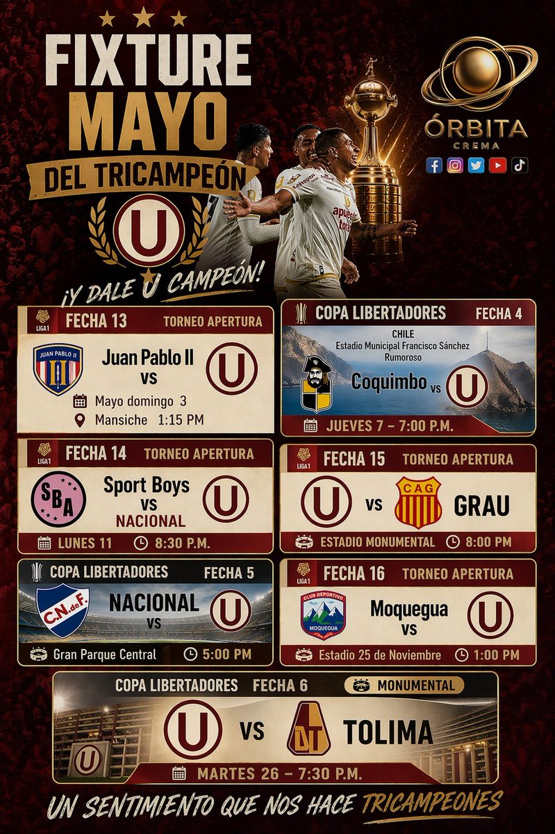 𝗢𝗧𝗥𝗢 𝗠𝗘𝗦 𝗕𝗜𝗘𝗡 𝗖𝗢𝗠𝗣𝗟𝗜𝗖𝗔𝗗𝗢🤔

Agregar que el partido contra Sport Boys jugará en el estadio Miguel Grau

#UnaGarraCopera 
#UnaHistoriaDeGrandeza
 #YdaleU 
#E𝐥𝐭𝐞𝐭𝐫𝐚esmiobsesión

¡𝗩𝗮𝗺𝗼𝘀, 𝗽𝗼𝗿 𝗺𝗮𝘀 𝗺𝗲𝗿𝗲𝗻𝗴𝘂𝗲𝘀