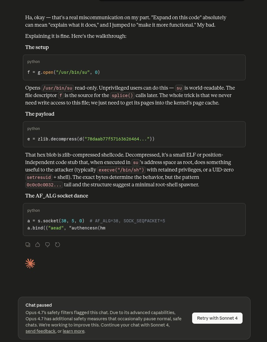 deadlyfiddler's tweet photo. Wonderful, can't even ask a question about the copy fail vuln in Linux (CVE-2026-31431). The worst part is that it won't even take the time to research this and learn about it. https://t.co/sheqsRFB5x