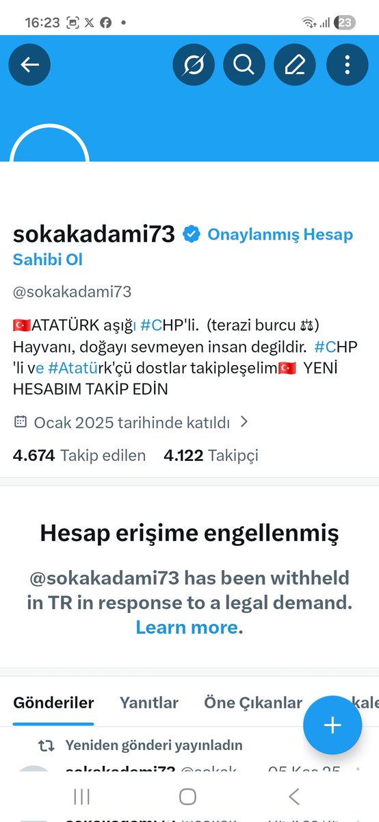 sokakadami973's tweet image. Bu sayfam yeni arkadaşlar. Önceki sayfam akp ve mhp  trollerinin spam şikayetleri yüzünden  bloke edildi x tarafından kapandı.Türkiye'de erişime kapatıldı.

Lütfen takip edin.

#Atatürk'çü #CHP'li hesaplar takipleşelim 🇹🇷

Bu hesabım yeni takip edin.
 ➡️ @sokakadami973