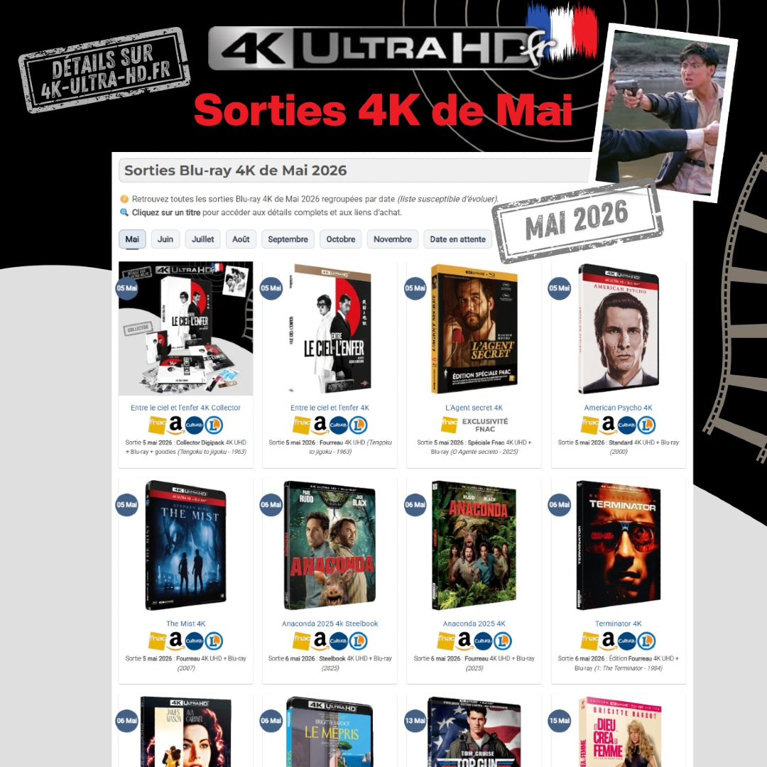 4KultrahdFR's tweet image. 📌 Le Point 4K – 𝗠𝗔𝗜 𝟮𝟬𝟮𝟲 🇫🇷
Attaquons désormais 𝗹𝗮 𝘁𝗿𝗲𝗻𝘁𝗮𝗶𝗻𝗲 𝗱'é𝗱𝗶𝘁𝗶𝗼𝗻𝘀 𝗱𝗲 𝗠𝗮𝗶... une petite respiration avant l’avalanche des 60 titres de juin !

Faites le point sur vos précommandes ➡  
4k-ultra-hd.fr/sorties-4k/mai…

#BluRay4K #4KUltraHD #4KultrahdFR