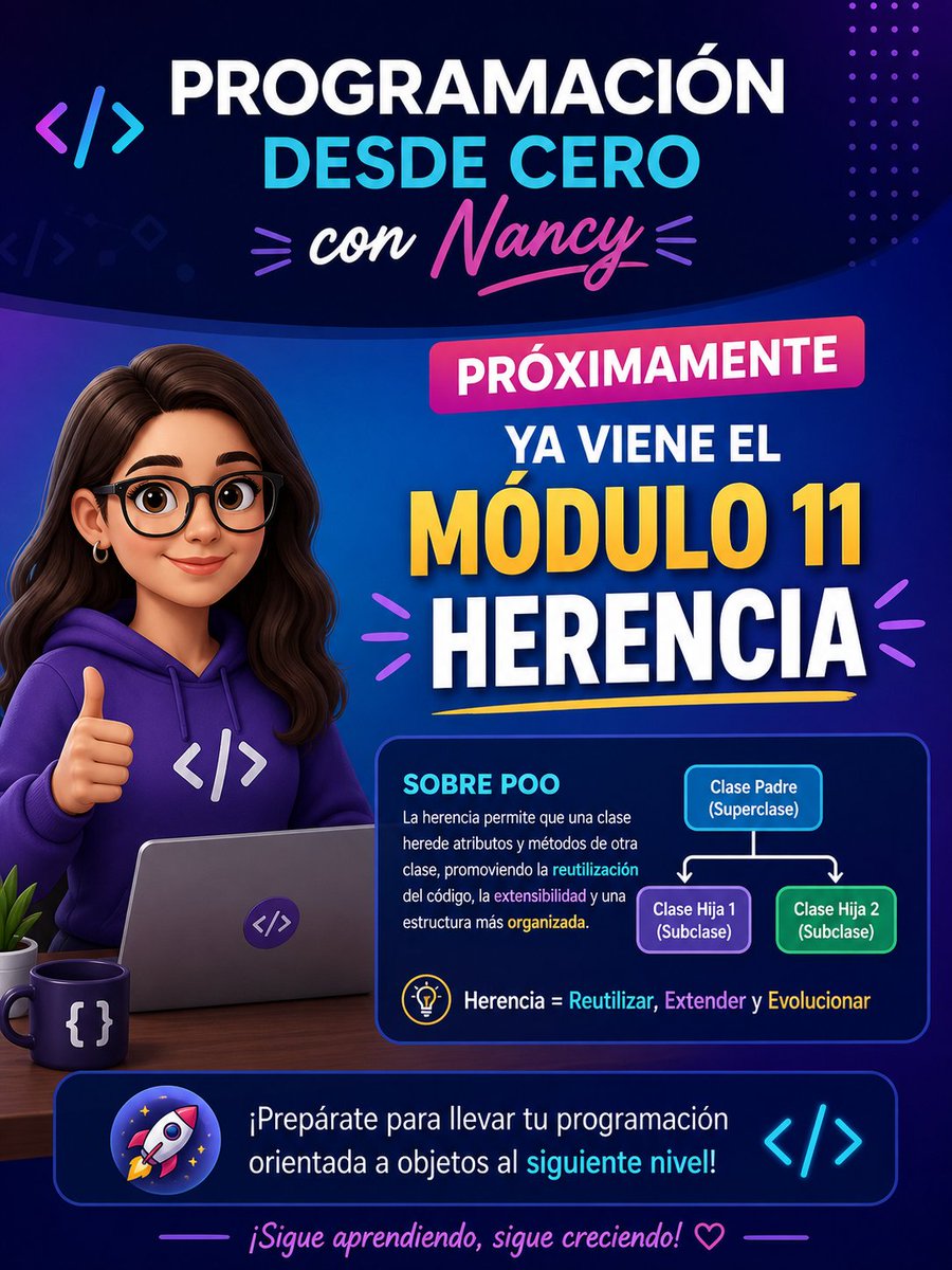NancyHe2005's tweet photo. Ya viene el módulo 11: Herencia 🔥 Aprende cómo reutilizar código y llevar tu lógica al siguiente nivel en POO.
El curso completo lo podés ver en mi YouTube @nanhe2005 🚀

#ProgramaciónDesdeCero #POO https://t.co/DAS61Psc5q