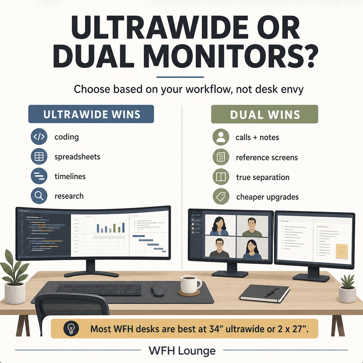 wfhloungecom's tweet image. 27 inches is still the WFH monitor sweet spot.

Big enough for 2-3 windows.
Small enough for a normal desk.
Cheap enough to buy well.

But skip 1080p at this size. Text gets soft fast.

#WorkFromHome #HomeOffice #WFHSetup #Monitors