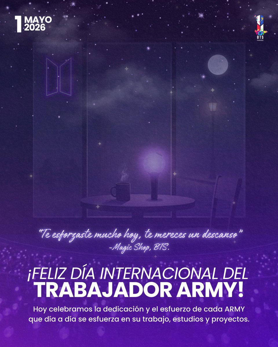 PanamaBts's tweet photo. "Te esforzaste mucho hoy. Te mereces un descanso". 
Magic Shop 💜 BTS

Hoy aplaudimos a cada ARMY por su dedicación en el trabajo, estudios y sueños que construyen diario. 

¡Feliz Día Internacional del Trabajador!

Con amor,  
©BTS PANAMÁ STAFF https://t.co/jeTQ6TQX5B