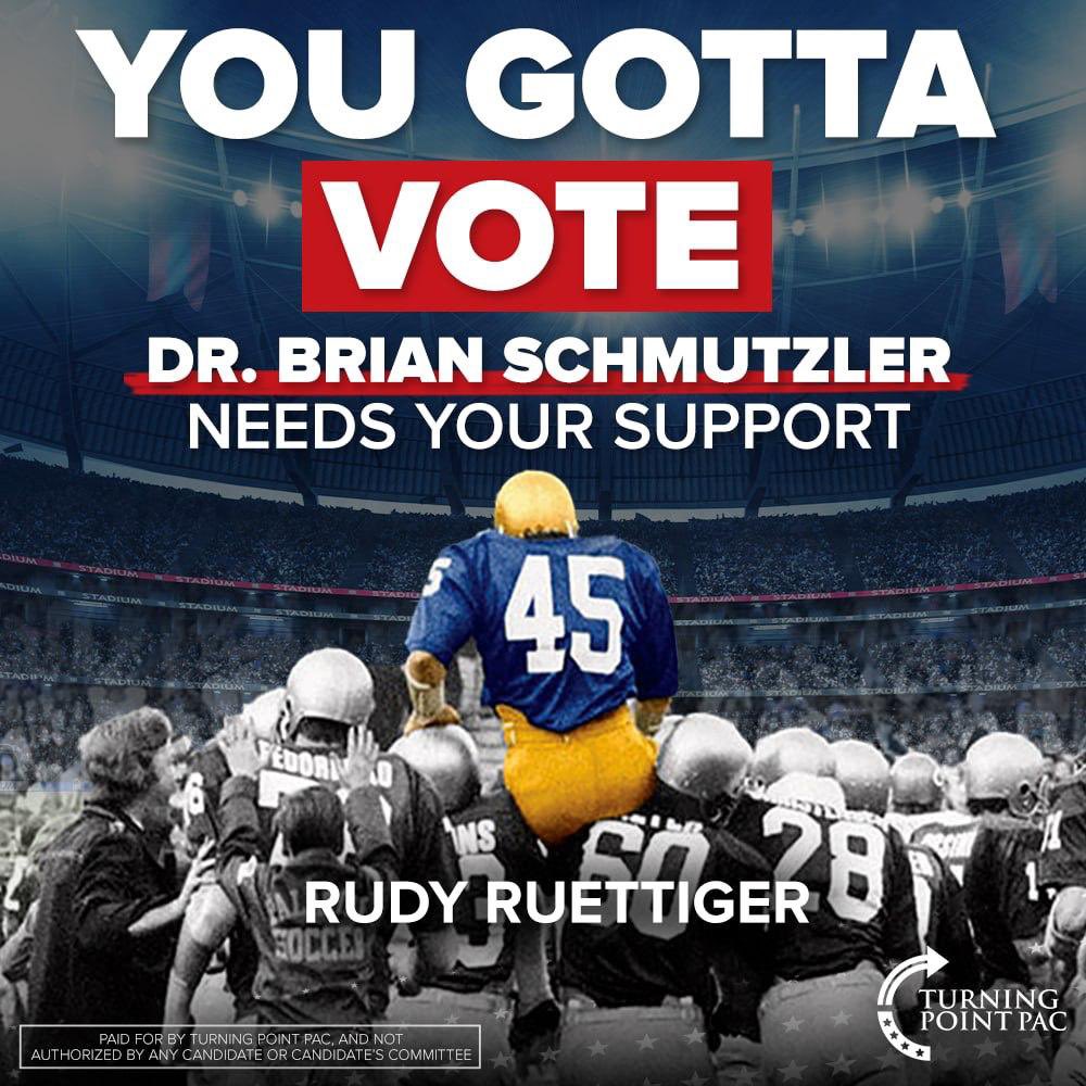 bgalsWI's tweet photo. Big news hitting voters this weekend in South Bend (Indiana SD11).

Underdog legend Rudy Ruettiger has endorsed @DrBrian4Senate.

Rudy knows what it means to defy the odds and step up. He sees that same fight in our effort.

YOU GOTTA VOTE https://t.co/yItJtbTiyx