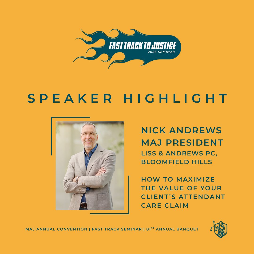 MI_Justice's tweet photo. Attend our Fast Track to Justice Seminar in Detroit and pick up exclusive tidbits from MAJ leadership! MAJ Past President Donna MacKenzie &amp; MAJ President Nick Andrews will share their expertise in separate sessions. Register today for our 5/8 seminar at https://t.co/MP6wfNgKSQ. https://t.co/hyUT5fXfUd