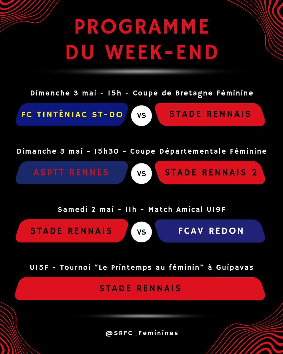 📆 Double déplacement en coupe pour nos équipes féminines à Tinténiac (D1F) en Coupe de Bretagne et à Beauregard sur le terrain de l'ASPTT Rennes (D1F) en Coupe Départementale 👀

Le programme du weekend des féminines du <a href="/staderennais/">Stade Rennais F.C.</a> ⤵️

#StadeRennais
