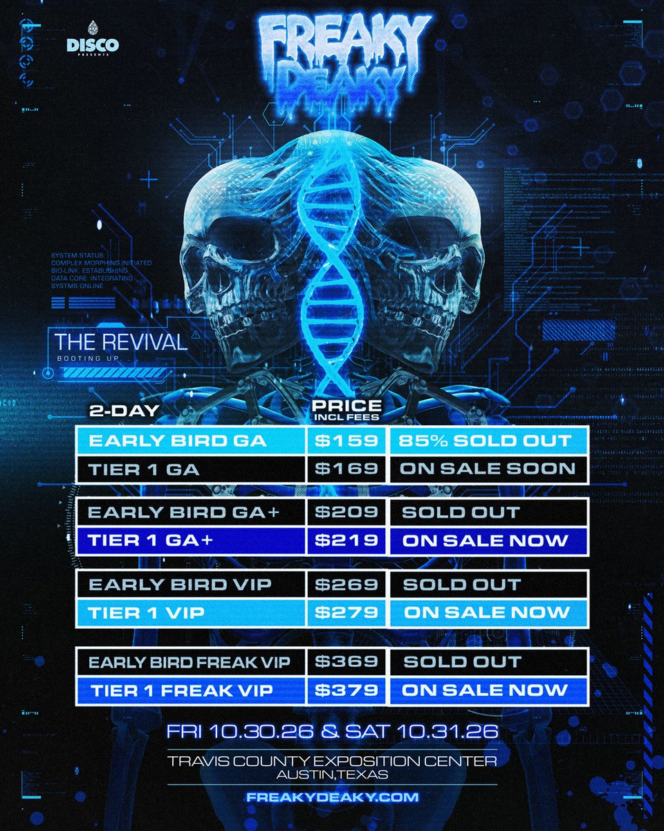 FreakyDeakyTX's tweet photo. EARLY BIRD GA PASSES LEVELS ARE CRITICALLY LOW! ☣️ 2-Day $159 GA passes are 85% SOLD OUT!

Grab your tickets at the lowest price with a deposit of $29 while availability lasts: https://t.co/60NQKCMoJ4 💀 https://t.co/eK0bMkkw2T