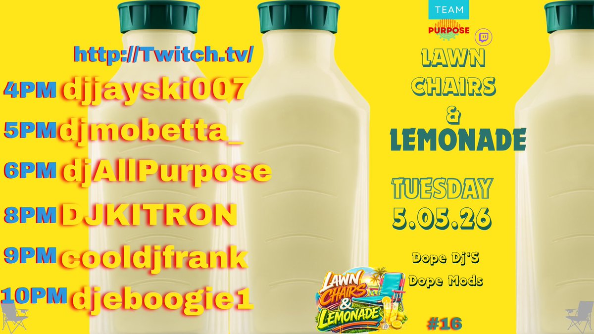 djAllpurpose's tweet image. #Lawnchairsandlemonade is back Tuesday 5/5

#djs #mods #music #teampurpose