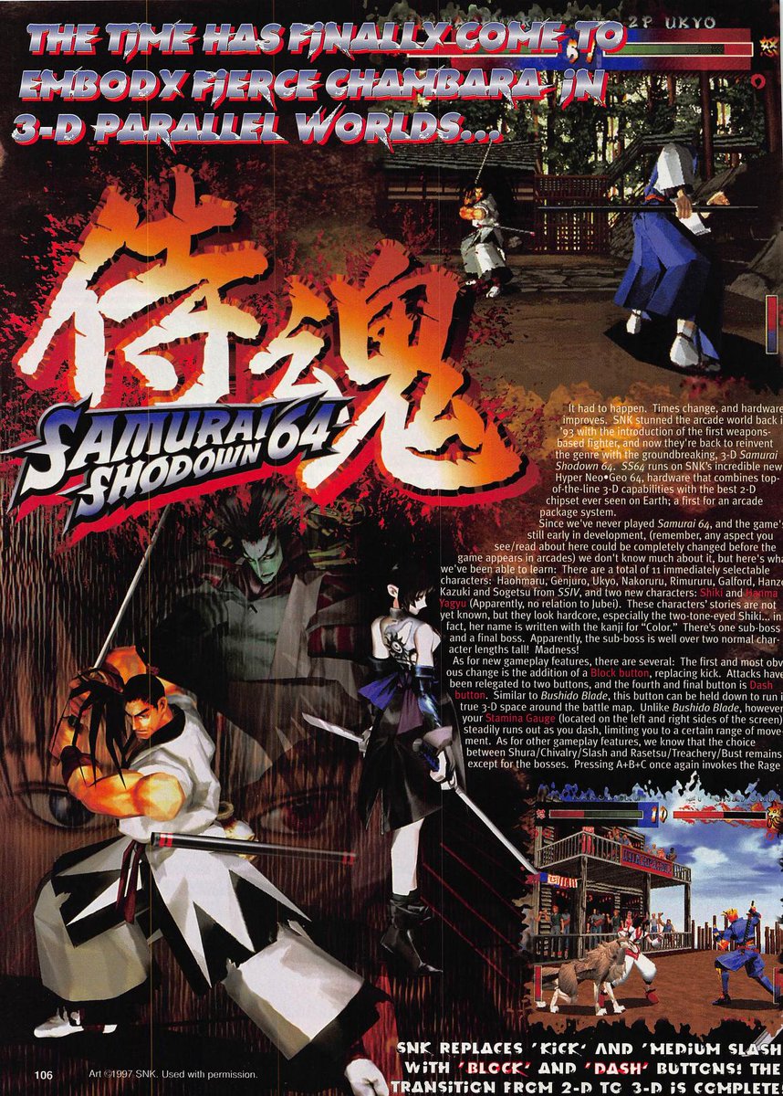 MoonPieDreams's tweet photo. Samurai Shodown 64 🎌 👹 🌸 ⚔️
Hyper NEO GEO 64
GameFan Magazine - Sept. '97 https://t.co/p9Ef5fawsv