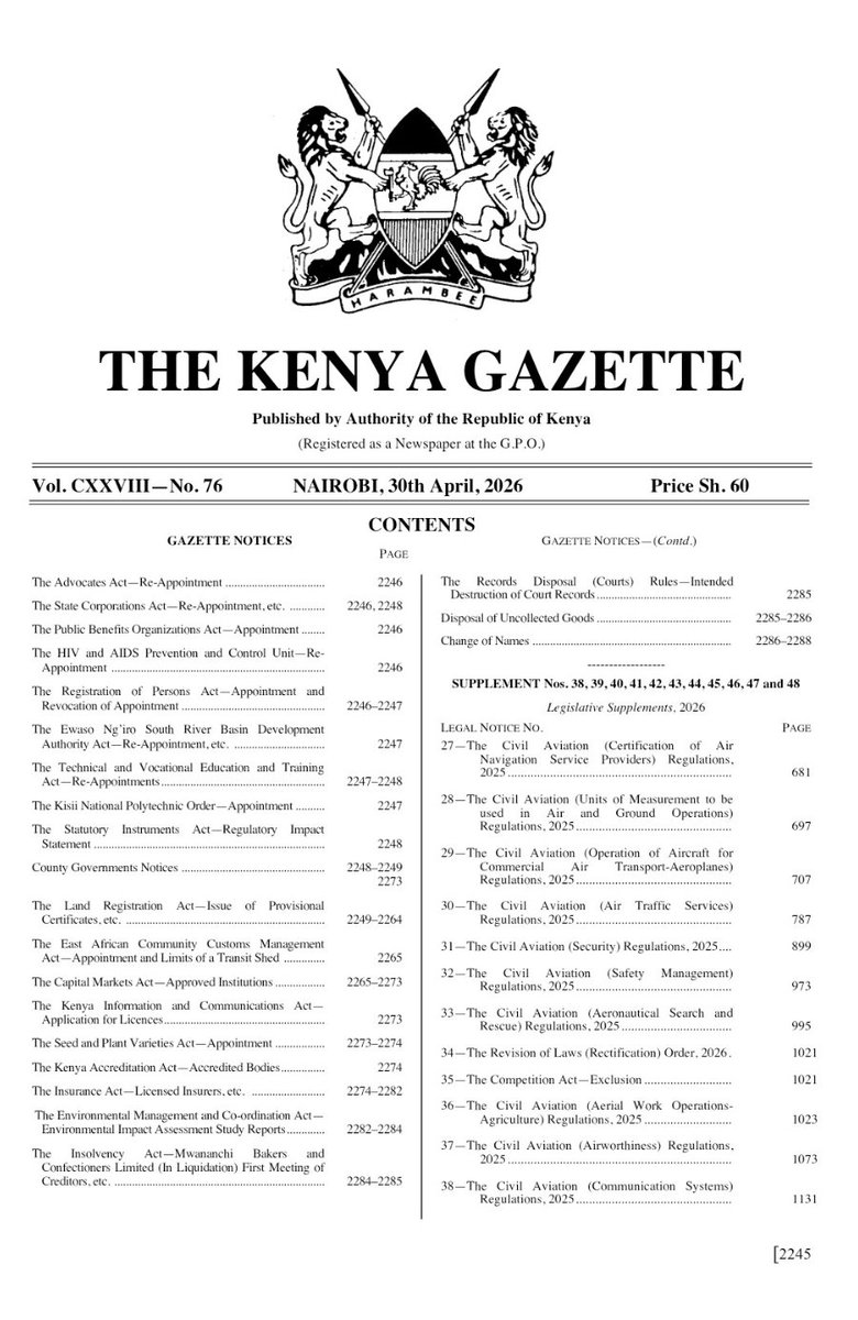 Ghjuseppe's tweet photo. Kenya Gazette Issue Vol. CXXVIII—No. 76 NAIROBI, 30th April, 2026 is now available here https://t.co/5GQMu6OGiD https://t.co/3I3O9E8GCO