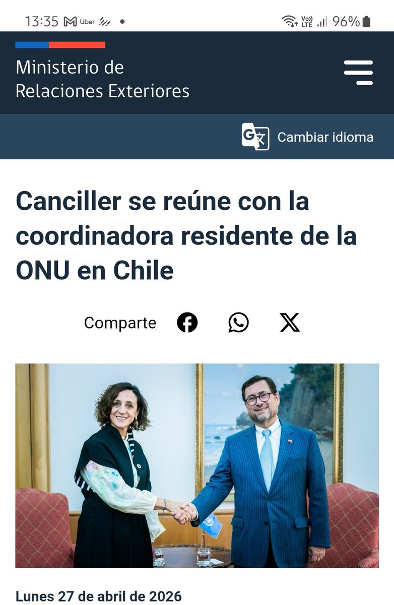 Gobierno actual resultó globalista como Boric y Piñera !

Ministro Relaciones Exteriores, Francisco Mackenna, se reunió con la coordinadora residente de la ONU en Chile, María José Torres.
En la reunión se acordaron marcos de Cooperación para la agenda 2027-2030.

27 abril 2026