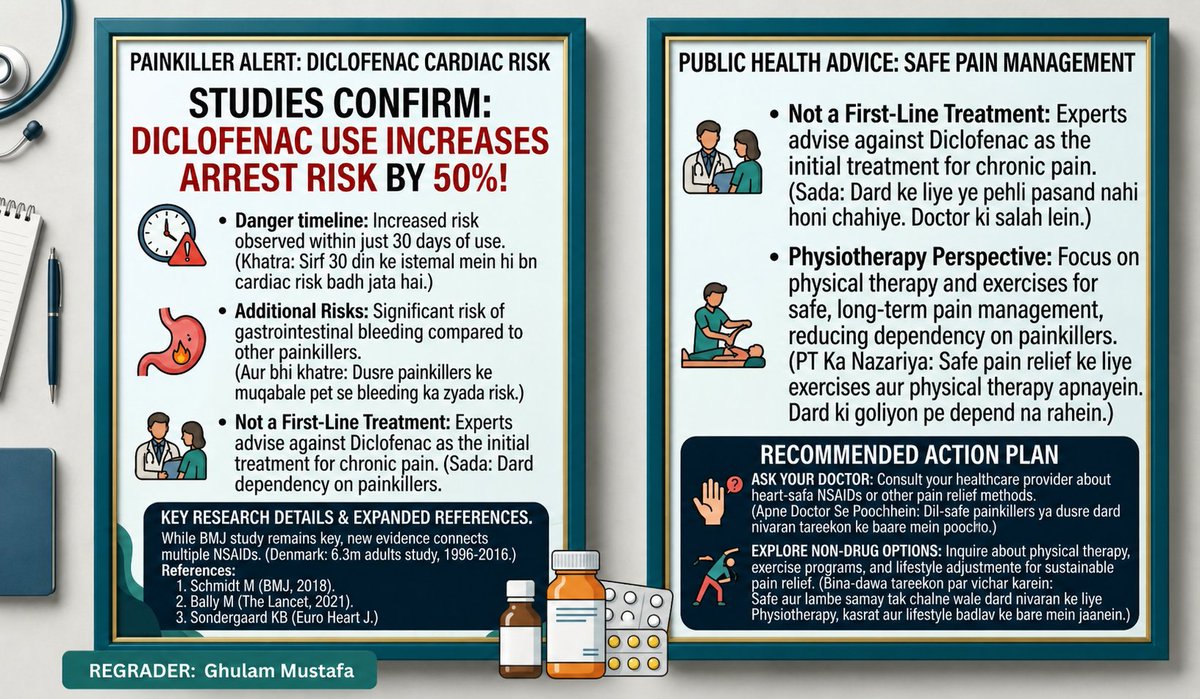 GMustafa62387's tweet image. Research confirms that commonly used Diclofenac increases cardiac arrest risk by 50%. Even short-term use (within 30 days) poses a threat to your heart. 🫀
​Stop OTC abuse. Consult a professional. 🩺💊
.
.
​#HealthAwareness #MedicalNews #Heartnew dehliPHealth #SafetyFirst"