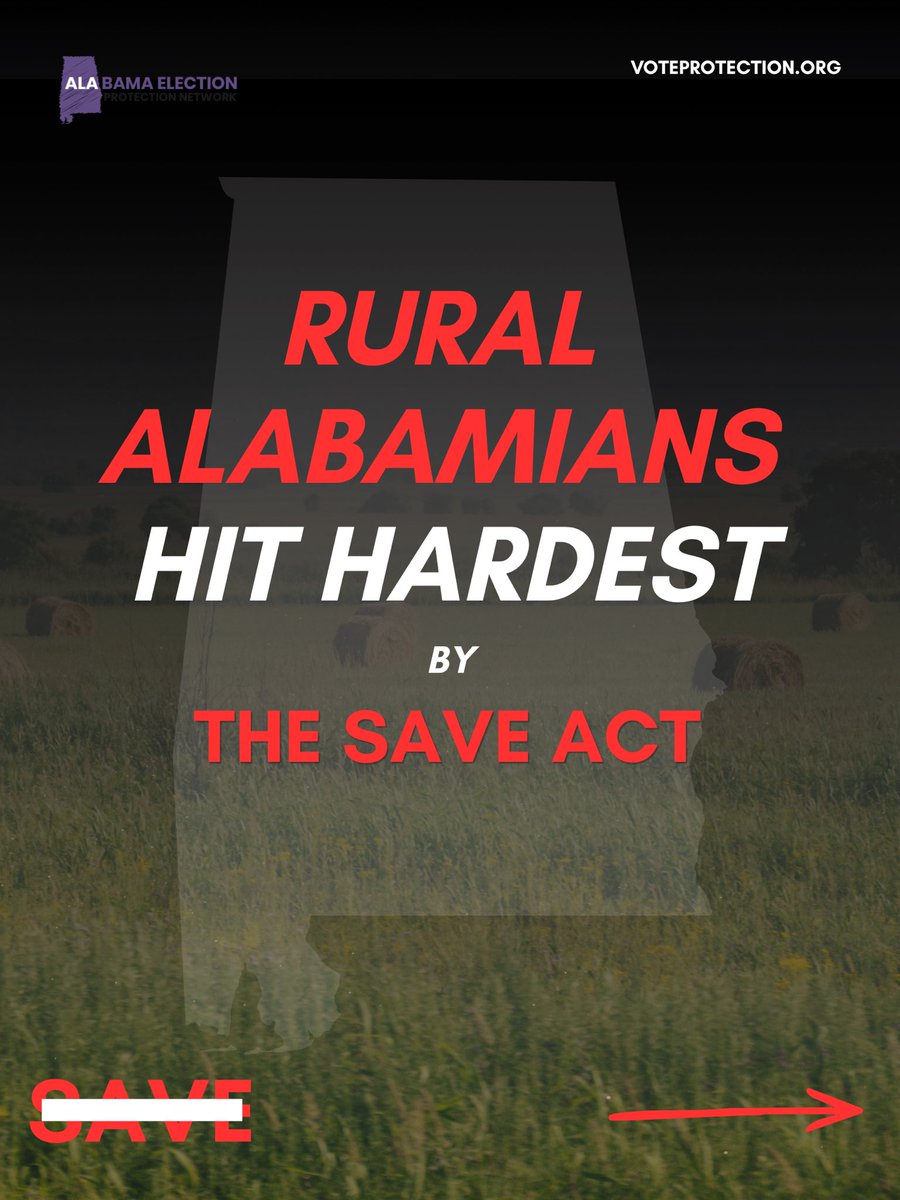 AlabamaElection's tweet photo. Rural Alabamians will be hit the hardest by the Save Act. Call your representative today and ask them to vote no. ☎️🚫

#Vote #SaveAct #AlabamaVoters https://t.co/pz92YAwo0G