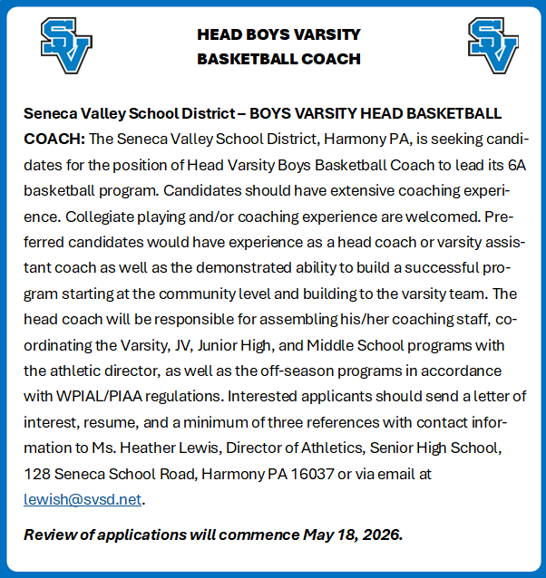 SV_Sports's tweet photo. Seneca Valley School District is now accepting applications for its Head Boys Varsity Basketball Coach position. https://t.co/voV7fvFZMz