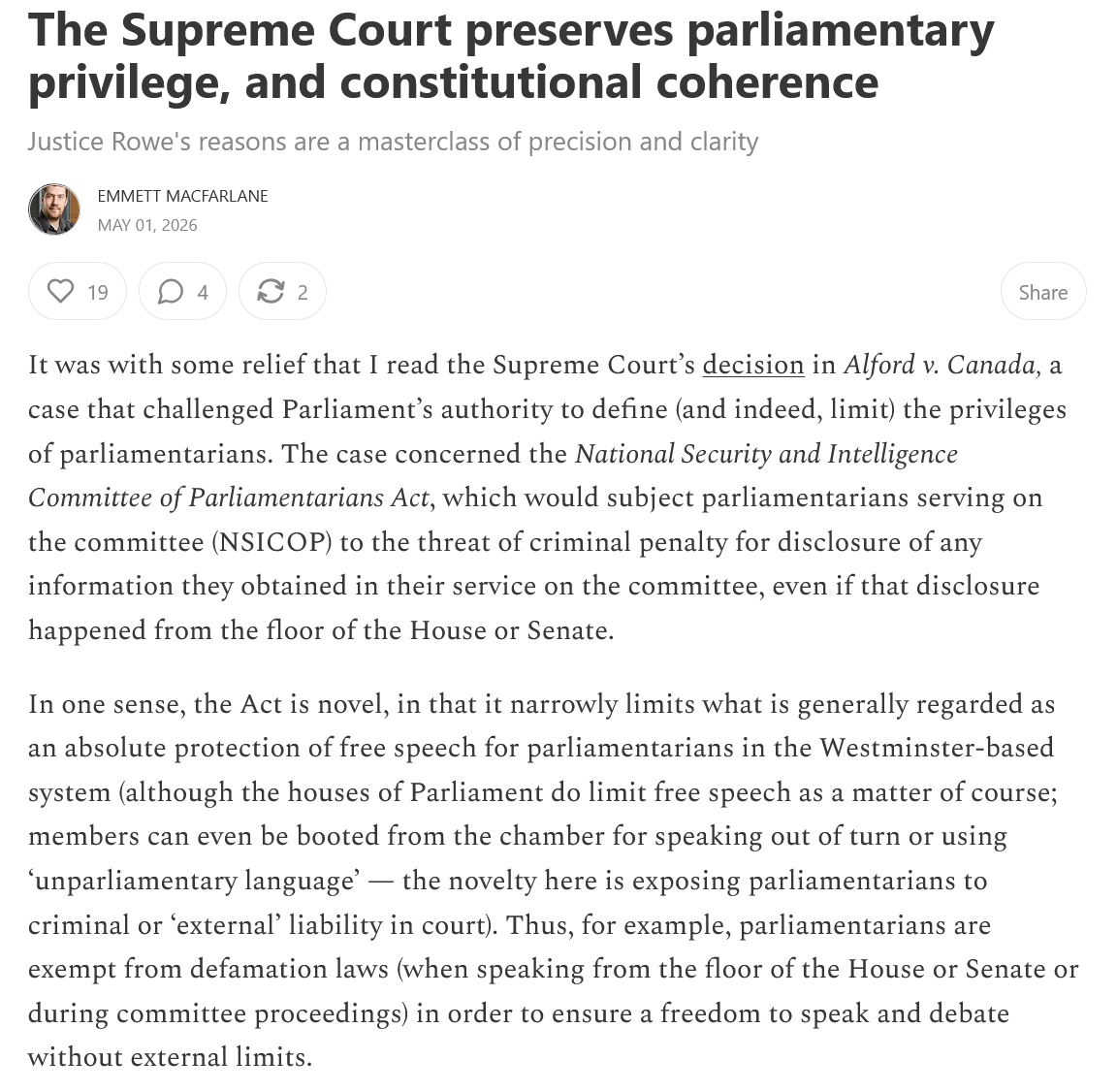 LawScribes's tweet image. Supreme Court Canada preserves parliamentary privilege, and constitutional coherence. By Emmett MacFarlane. [#SCC Alford v Canada] #freespeech #democracy #constitution open.substack.com/pub/emmettmacf…