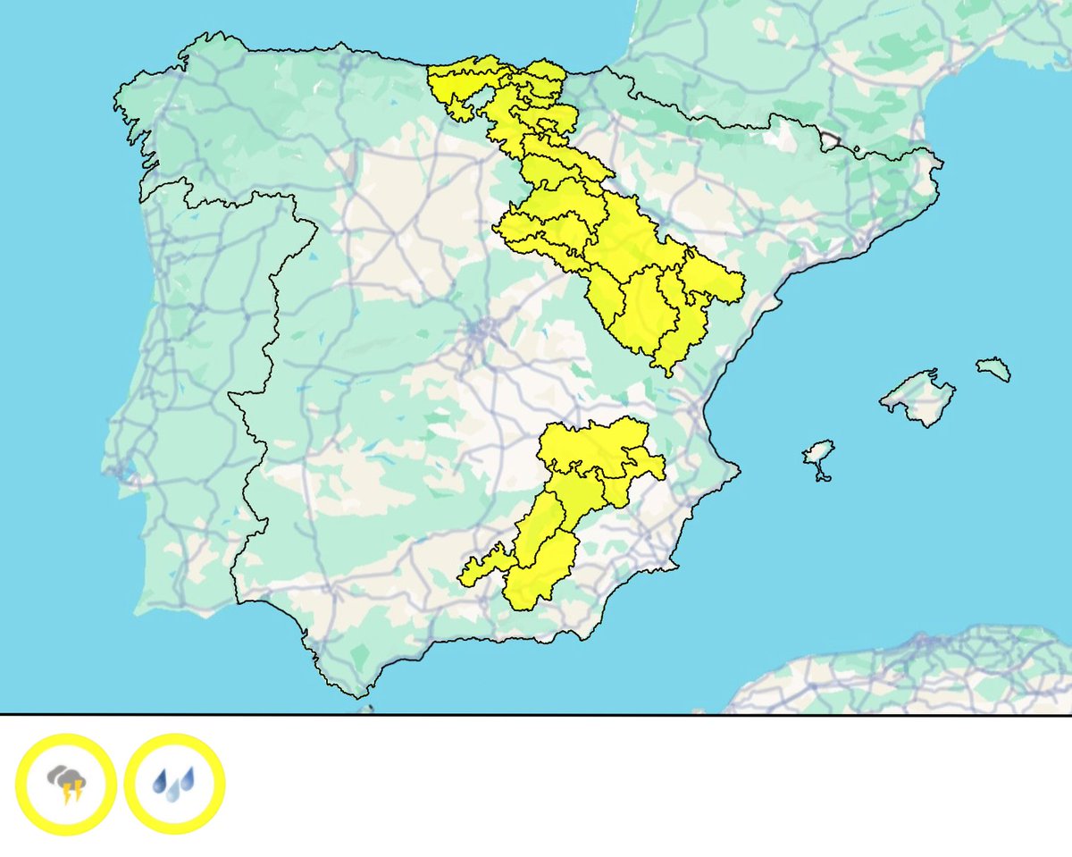 MeteoAvisosEsp's tweet image. ACTUALIZACIÓN DE LOS AVISOS ACTIVOS HOY 01/05/2026 EN ESPAÑA PENINSULAR Y BALEARES:
Fuente: @AEMET_Esp
#AEMET #España #Meteo #aviso #tormenta #FMA #lluvia #Andalucía 
#CastillaLaMancha #Aragón #PaísVasco #Cantabria  #CastillaYLeón #LaRioja
