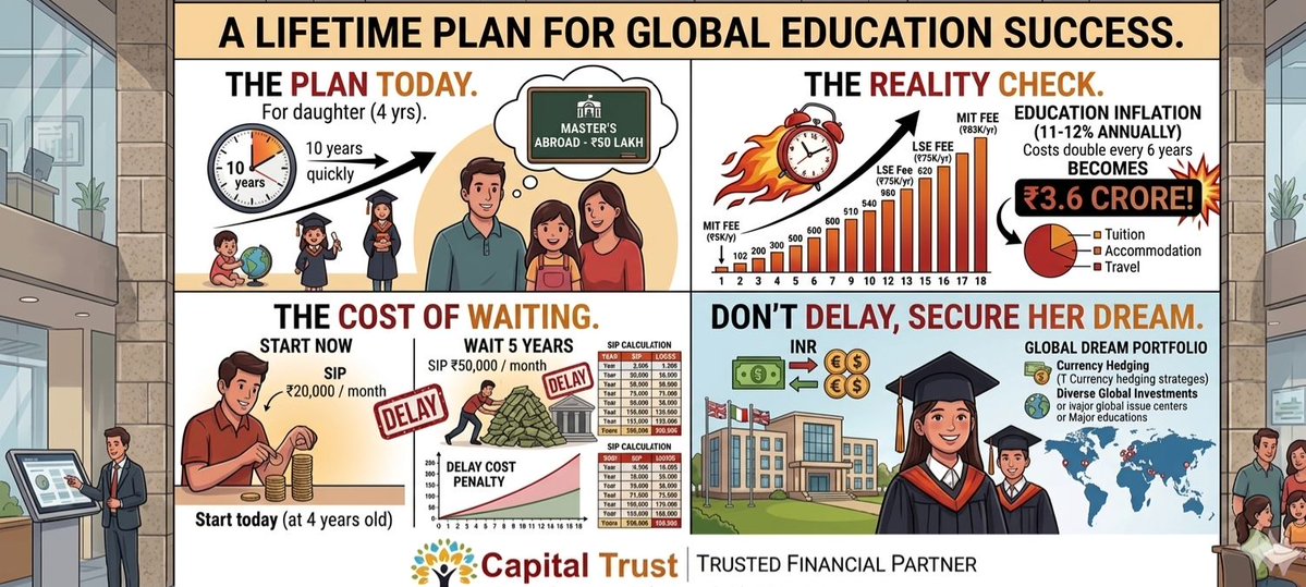 Capitaltrust_fp's tweet image. Child’s foreign education cost can jump from ₹50L to ₹3.6Cr due to 11–12% inflation
Start early: ₹20K SIP today vs ₹50K if you delay 5 years.
Don’t let inflation &amp;amp; currency risk derail your child’s dreams.
#InvestEarly #SIP #ChildEducation #FinancialPlanning #WealthCreation