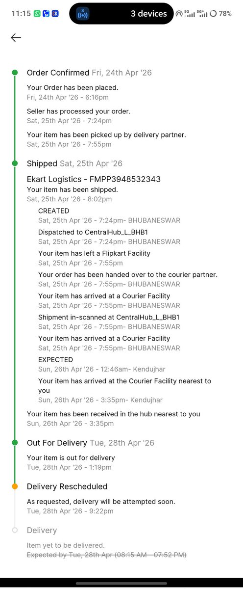 DebasishDalei3's tweet photo. @Flipkart my Order #OD437388963220950100 is stuck in a loop of "Delivery Rescheduled" with ZERO communication. Is this how you treat your customers? I need an immediate update and a confirmed delivery timeline today! @flipkartsupport @_Kalyan_K https://t.co/BmNgEMQxGv
